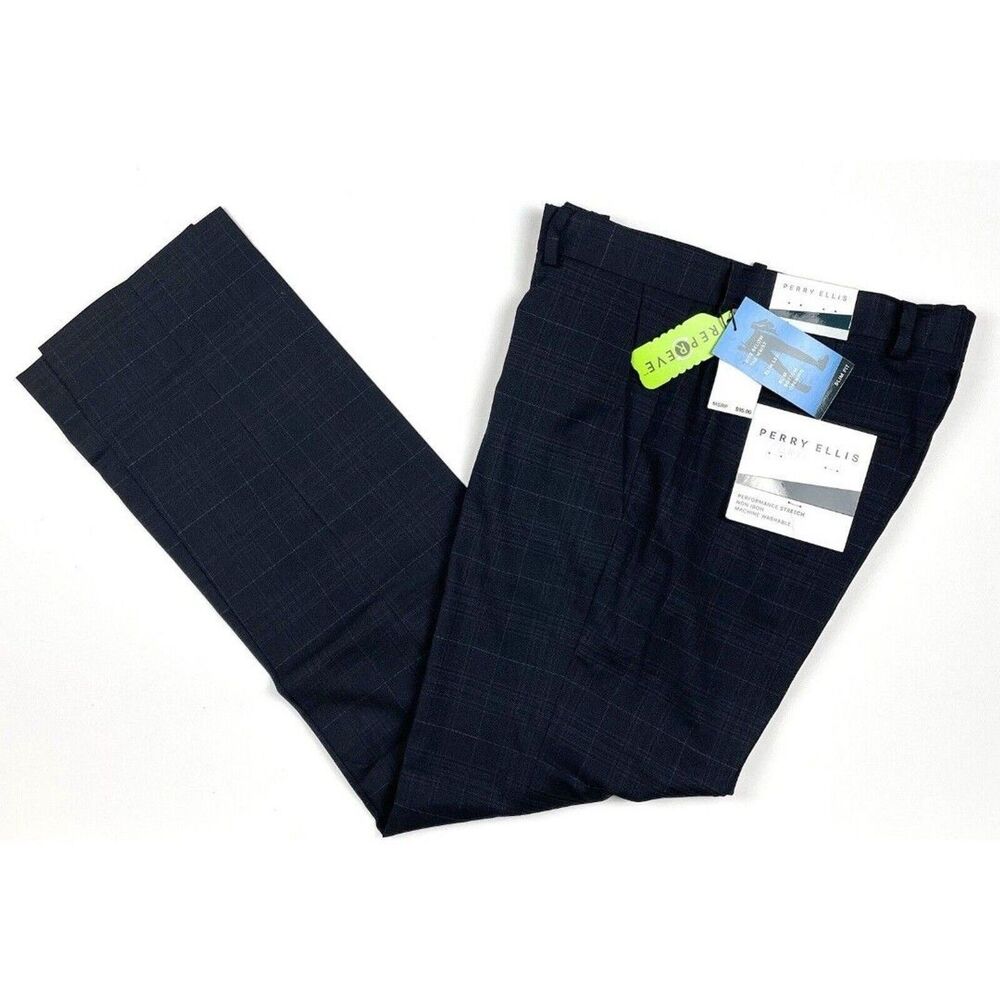 Perry Ellis Portfolio Mens Navy Blue Slim-Fit Windowpane Plaid Dress Pants 34x32